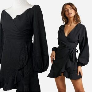 Showpo. Francoise Mini Wrap Dress | Long Sleeve | Black | Size 6
